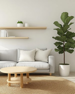 A bright Scandinavian family room featuring a light grey sofa with linen cushions, a round blonde wood coffee table, and a large jute rug. Walls are painted in a soft off-white, complemented by a tall fiddle leaf fig plant in a white pot, and minimalist floating shelves. — close-up of textures and materials
