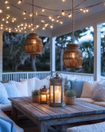 A coastal patio at dusk with warm string lights strung overhead, rattan pendant lights, and hurricane lanterns on a weathered wood table, surrounded by comfortable white cushions and soft blue throws.