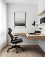 Modern home office with a minimalist aesthetic featuring a light oak floating desk, a black ergonomic chair, white walls, and a sleek matte black desk lamp. — close-up of textures and materials