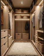 A modern walk-in closet with light oak cabinetry, integrated warm LED lighting, and a cream plush rug. Woven rattan baskets and matte black hardware add a cozy, inviting feel to the organized space. — styling and décor detail