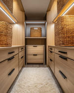 A modern walk-in closet with light oak cabinetry, integrated warm LED lighting, and a cream plush rug. Woven rattan baskets and matte black hardware add a cozy, inviting feel to the organized space. — close-up of textures and materials