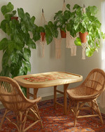 A bohemian game room with a light wood poker table, woven rattan chairs, a terracotta-colored vintage rug, and lush Pothos plants hanging from macrame holders, all bathed in warm, soft lighting. — alternate angle