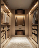 A modern walk-in closet with light oak cabinetry, integrated warm LED lighting, and a cream plush rug. Woven rattan baskets and matte black hardware add a cozy, inviting feel to the organized space.