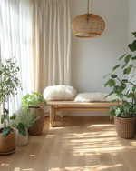 A bright Scandinavian sunroom featuring light oak flooring, a minimalist birch wood bench, and a rattan pendant light. Natural linen curtains filter the sunlight, while a faux sheepskin throw and various green plants in unglazed ceramic pots add texture and life. — alternate angle
