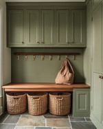 A traditional mudroom with sage green built-in cabinetry, a natural wood bench, and flagstone flooring. Woven rattan baskets are neatly tucked under the bench, and aged brass hooks line the wall. — close-up of textures and materials