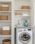Small coastal laundry room featuring white shiplap walls, a stackable washer and dryer, open shelving with woven baskets, and a light quartz countertop with a small farmhouse sink. Soft blue accents are visible in a decorative ceramic vase. — styling and décor detail