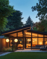 A Mid-Century Modern exterior at dusk, featuring a low-slung roofline, large glass windows, and warm glow from spherical globe sconces flanking the entry. A Sputnik chandelier is visible under a covered patio, illuminating a seating area with clean-lined furniture and a natural wood fence. — close-up of textures and materials