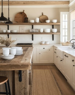 A cozy rustic kitchen featuring creamy off-white cabinets, a reclaimed wood island, and open shelving displaying white stoneware. Wrought iron hardware and a sisal runner add to the warm, inviting atmosphere, with natural light streaming in. — alternate angle