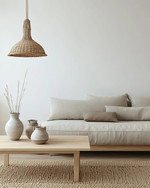 A serene Japandi living room featuring a low-slung sofa in natural linen, a simple light oak coffee table, and a woven jute rug, complemented by a bamboo pendant light and ceramic vases in muted tones. — alternate angle