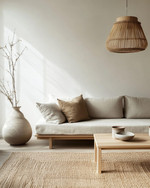 A serene Japandi living room featuring a low-slung sofa in natural linen, a simple light oak coffee table, and a woven jute rug, complemented by a bamboo pendant light and ceramic vases in muted tones. — close-up of textures and materials