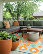 A family-friendly Mid-Century Modern patio featuring a low-profile charcoal grey L-shaped sectional with olive green performance fabric cushions, a geometric outdoor rug in burnt orange and teal, and teak wood accent tables. Large, sculptural ceramic planters with pet-safe plants are arranged around the seating area, with a subtle concrete water bowl for pets integrated into the design. — close-up of textures and materials