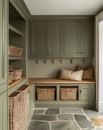 A traditional mudroom with sage green built-in cabinetry, a natural wood bench, and flagstone flooring. Woven rattan baskets are neatly tucked under the bench, and aged brass hooks line the wall. — alternate angle