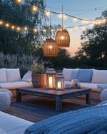 A coastal patio at dusk with warm string lights strung overhead, rattan pendant lights, and hurricane lanterns on a weathered wood table, surrounded by comfortable white cushions and soft blue throws. — alternate angle