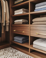 A meticulously organized Mid-Century Modern closet featuring warm walnut built-in shelving, brass pull handles, and open displays of neatly folded garments in an earthy color palette, with a subtle geometric rug. — close-up of textures and materials