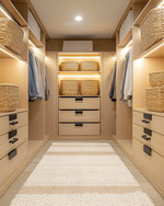 A modern walk-in closet with light oak cabinetry, integrated warm LED lighting, and a cream plush rug. Woven rattan baskets and matte black hardware add a cozy, inviting feel to the organized space. — alternate angle