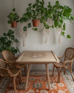 A bohemian game room with a light wood poker table, woven rattan chairs, a terracotta-colored vintage rug, and lush Pothos plants hanging from macrame holders, all bathed in warm, soft lighting. — styling and décor detail