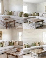 A calm farmhouse family room with a light grey sectional sofa, creamy white shiplap walls, a distressed wooden coffee table, and soft green and beige throw pillows, illuminated by natural light.