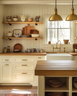 A cozy farmhouse kitchen features creamy off-white shaker cabinets, a large oak butcher block island, and a ceramic farmhouse sink. Warm brass pendant lights hang above the island, illuminating open shelves displaying vintage ceramic dishes and cookbooks. — alternate angle