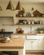 A cozy farmhouse kitchen features creamy off-white shaker cabinets, a large oak butcher block island, and a ceramic farmhouse sink. Warm brass pendant lights hang above the island, illuminating open shelves displaying vintage ceramic dishes and cookbooks. — close-up of textures and materials