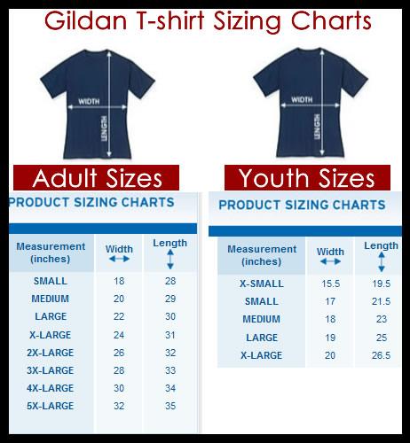 Gildan t-shirt size chart for adult and youth