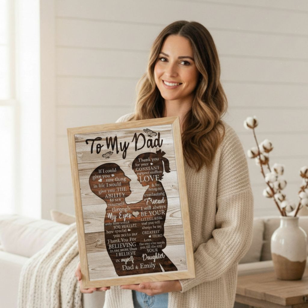 Designer arranging memorial photo canvas with gentle florals