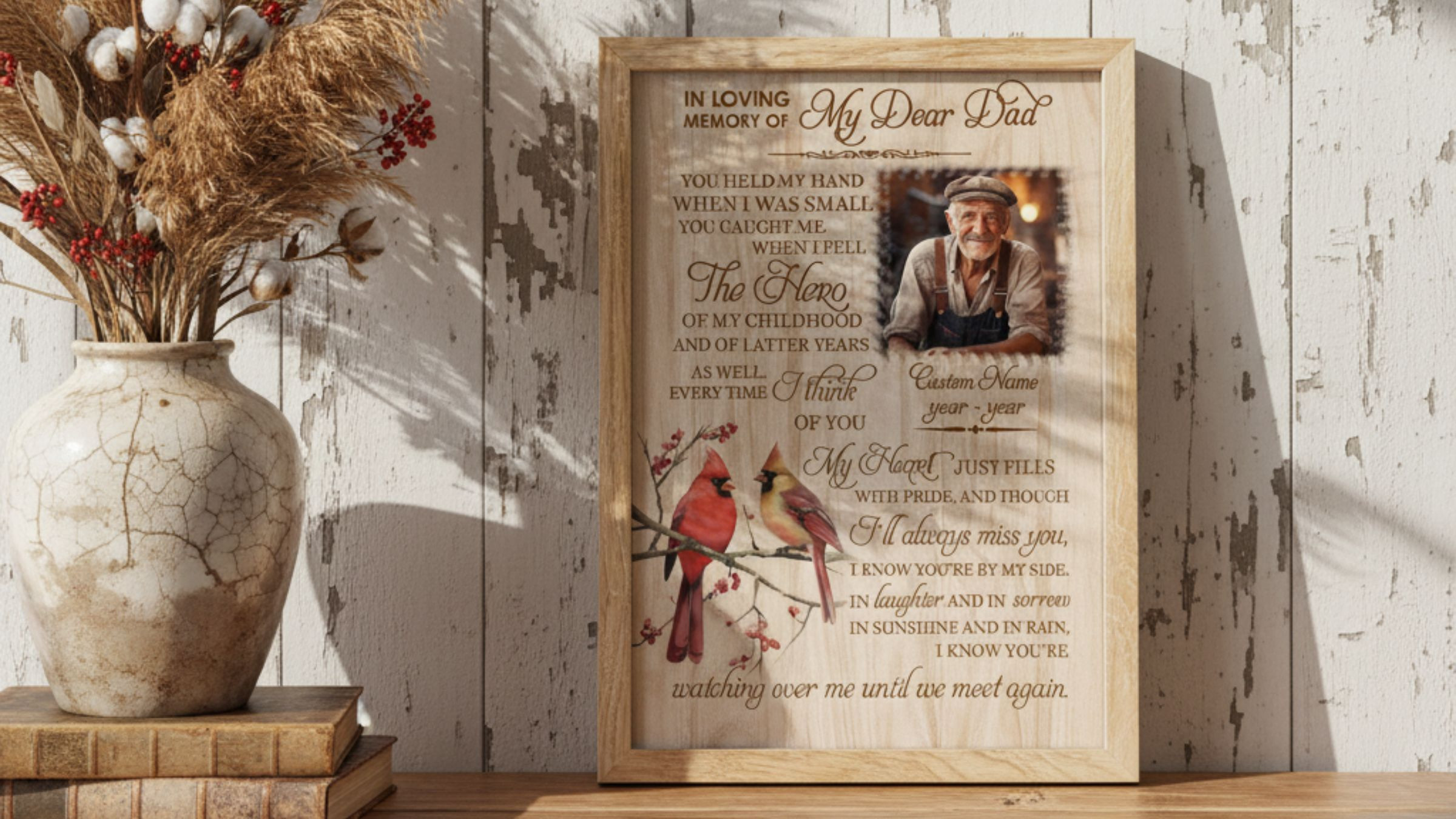 White florals near wooden remembrance sign