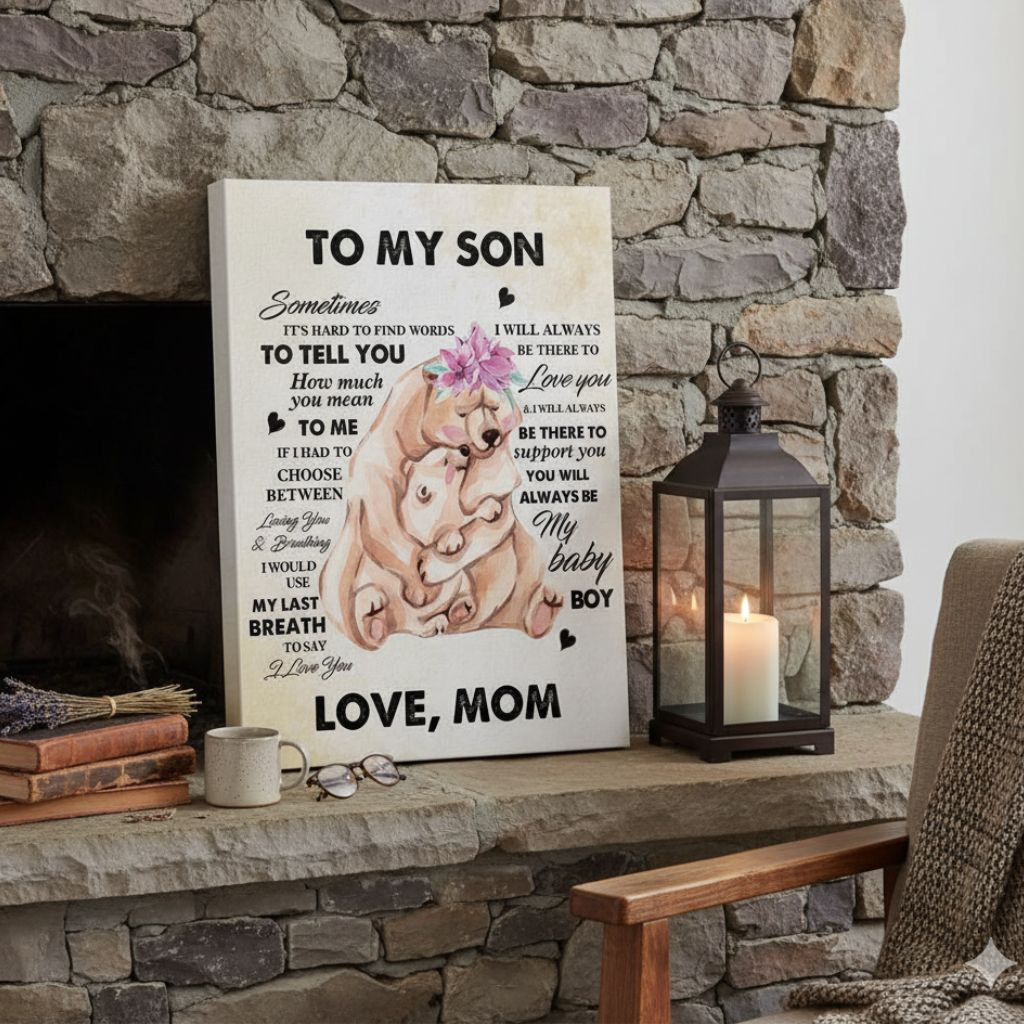 Memorial canvas on mantel with candles