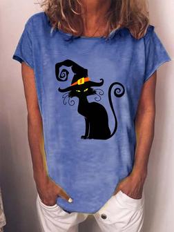 Women Black Cat Halloween Loose T-Shirt - Seseable
