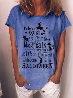 Women Halloween Brooms Witch Moon Black Cats Casual T-Shirt - Seseable