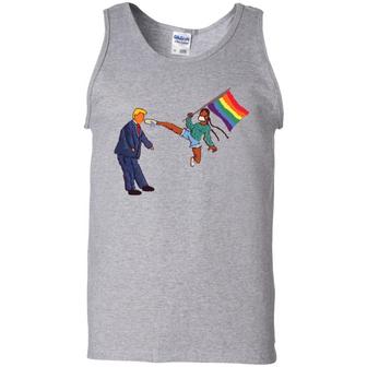 Lgbt Black Girl Hold Pride Flag Kicking Trump In Face Graphic Design Printed Casual Daily Basic Unisex Tank Top - Thegiftio UK
