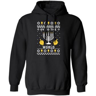 Oy To The World Hanukkah Christmas Sweater Graphic Design Printed Casual Daily Basic Hoodie - Thegiftio UK