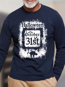 Men Halloween Bats Cat Letters Crew Neck Loose T-shirt - Seseable