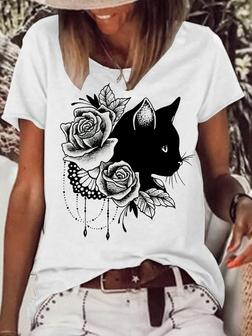 Womens Black Cat Flower Print Casual T-shirt - Seseable