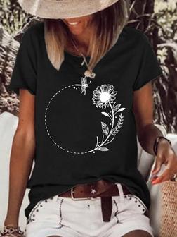 Botanical Circle Frame With Sunflower And Dragonfly Women's Short Sleeve Tops - Seseable