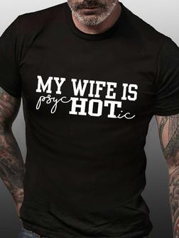 Men Wife Letter Casual Crew Neck Text Letters T-shirt - Seseable
