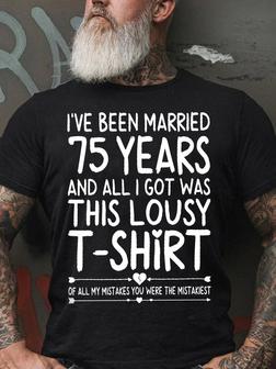 Mens Funny 75th Wedding Anniversary For Her & Wife 75 Years Of Marriage Round Neck Casual Short Sleeve T-shirt - Seseable