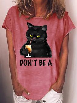 Womens Funny Letter Black Cat Casual Crew Neck T-shirt - Seseable