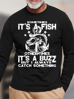 Men Fish Buzz Catch Something Crew Neck Loose T-shirt - Seseable