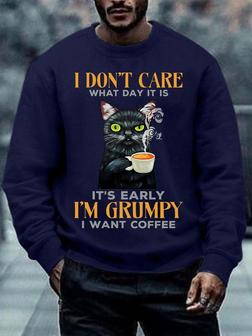 Men Early Grumpy I Want Coffee Cat Crew Neck Regular Fit Text Letters Sweatshirt - Seseable