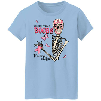 Check Your Boobs Mine Tried To Kill Me Halloween Ladies Graphic Design Printed Casual Daily Basic Women T-shirt - Thegiftio UK
