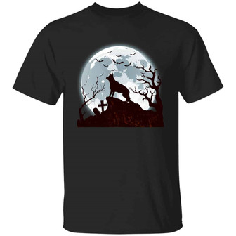 Funny German Shepherd Dog Silhouette Scary And Moon Halloween Graphic Design Printed Casual Daily Basic Unisex T-Shirt - Thegiftio UK