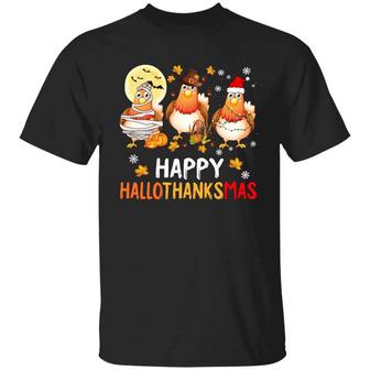 Happy Hallothanksmas Halloween Thanksgiving Christmas Chickens Graphic Design Printed Casual Daily Basic Unisex T-Shirt - Thegiftio UK