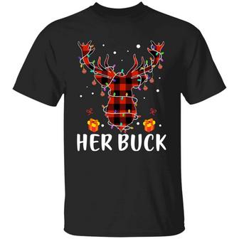 Her Buck Reindeer Red Plaid Funny Couples Matching Graphic Design Printed Casual Daily Basic Unisex T-Shirt - Thegiftio UK