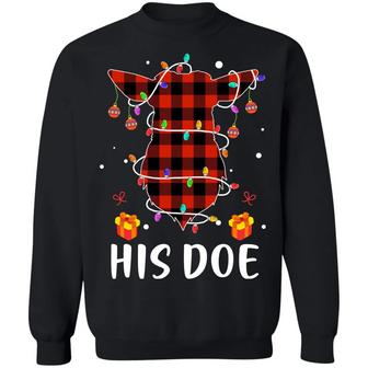 His Doe Reindeer Red Plaid Funny Couples Matching Graphic Design Printed Casual Daily Basic Sweatshirt - Thegiftio UK