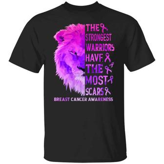 The Strongest Warriors Have The Most Scars Lion Breast Cancer Awareness Graphic Design Printed Casual Daily Basic Unisex T-Shirt - Thegiftio UK