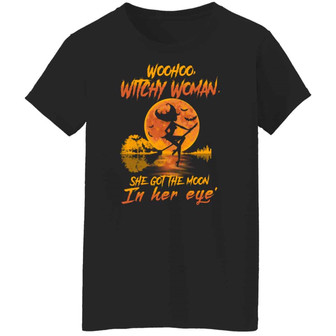 Woo Hoo Witch Woman Broom Red Moon Halloween Graphic Design Printed Casual Daily Basic Women T-shirt - Thegiftio UK