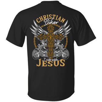 Christian Biker I Ride With Jesus Funny Biker Jesus Cross Print On Back Only Graphic Design Printed Casual Daily Basic Unisex T-Shirt - Thegiftio UK