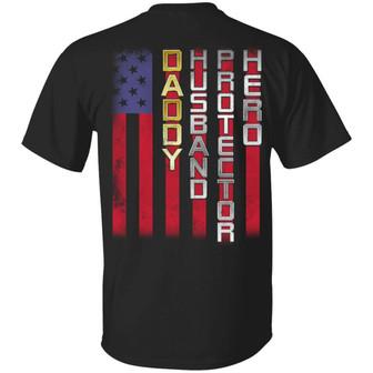 Daddy Husband Protector Hero American Flag Print On Back Graphic Design Printed Casual Daily Basic Unisex T-Shirt - Thegiftio UK