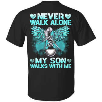 Never Walk Alone My Son Walks With Me Shoe Print On Back Only Graphic Design Printed Casual Daily Basic Unisex T-Shirt - Thegiftio UK