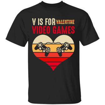 Vintage V Is For Video Games Gaming Valentines Graphic Design Printed Casual Daily Basic Unisex T-Shirt - Thegiftio UK
